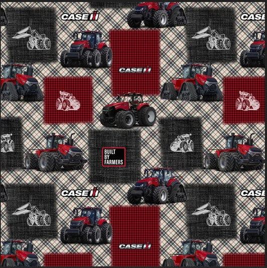 Farmall Case IH Built Farmers Tractors Patch Collage Cream Plaid Sykel Enterprises Cotton Fabric SYK-10561