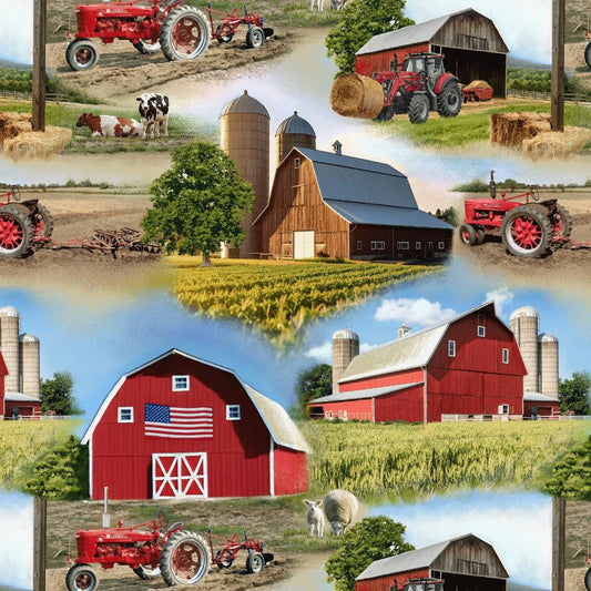 Farmall Barn and Tower Panel 36" AE Nathan Cotton Fabric AEN-2886-86