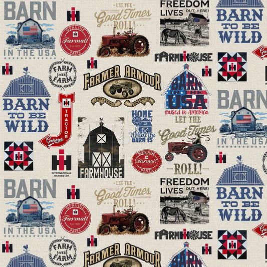 Farmall Patriotic Farm Signs Cream Sykel Enterprises Cotton Fabric SYK-10526