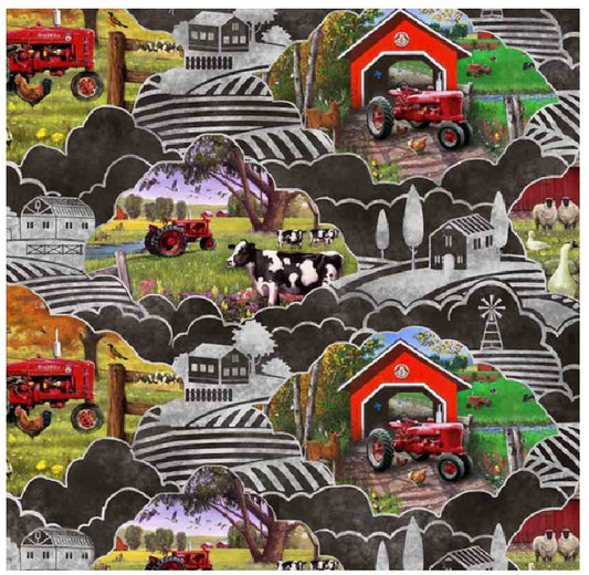 Farmall Scenic Farm Packed Red Tractors Sykel Enterprises Cotton Fabric SYK-10548