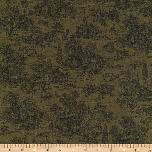 Farmhouse Christmas Green Toile Kim Diehl Henry Glass Cotton Fabric