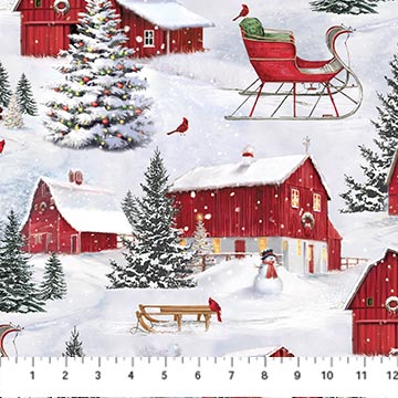 Farmstead Friends Snowy Farm Scenic Pale Blue Multi Simon Treadwell Northcott Cotton Fabric