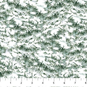 Farmstead Friends Snowy Trees White Green Simon Treadwell Northcott Cotton Fabric