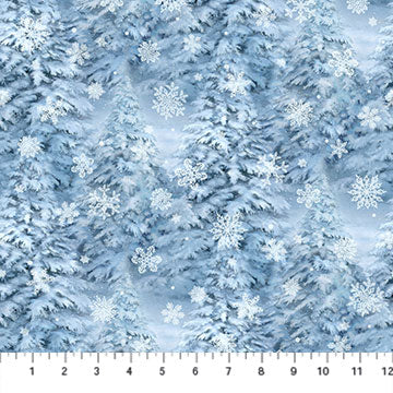 Father Christmas Winter Forest Trees Snowflakes Light Blue Liz Goodrick-Dillon Northcott Cotton Fabric