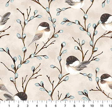 Feathered Nest Chicadees Tree Beige Northcott Fabrics Cotton Fabric