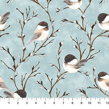 Feathered Nest Chicadees Tree Blue Northcott Fabrics Cotton Fabric