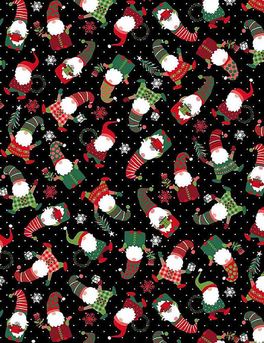 Feeling Festive Holiday Gnomes Mini Tossed Black Timeless Treasures Cotton Fabric