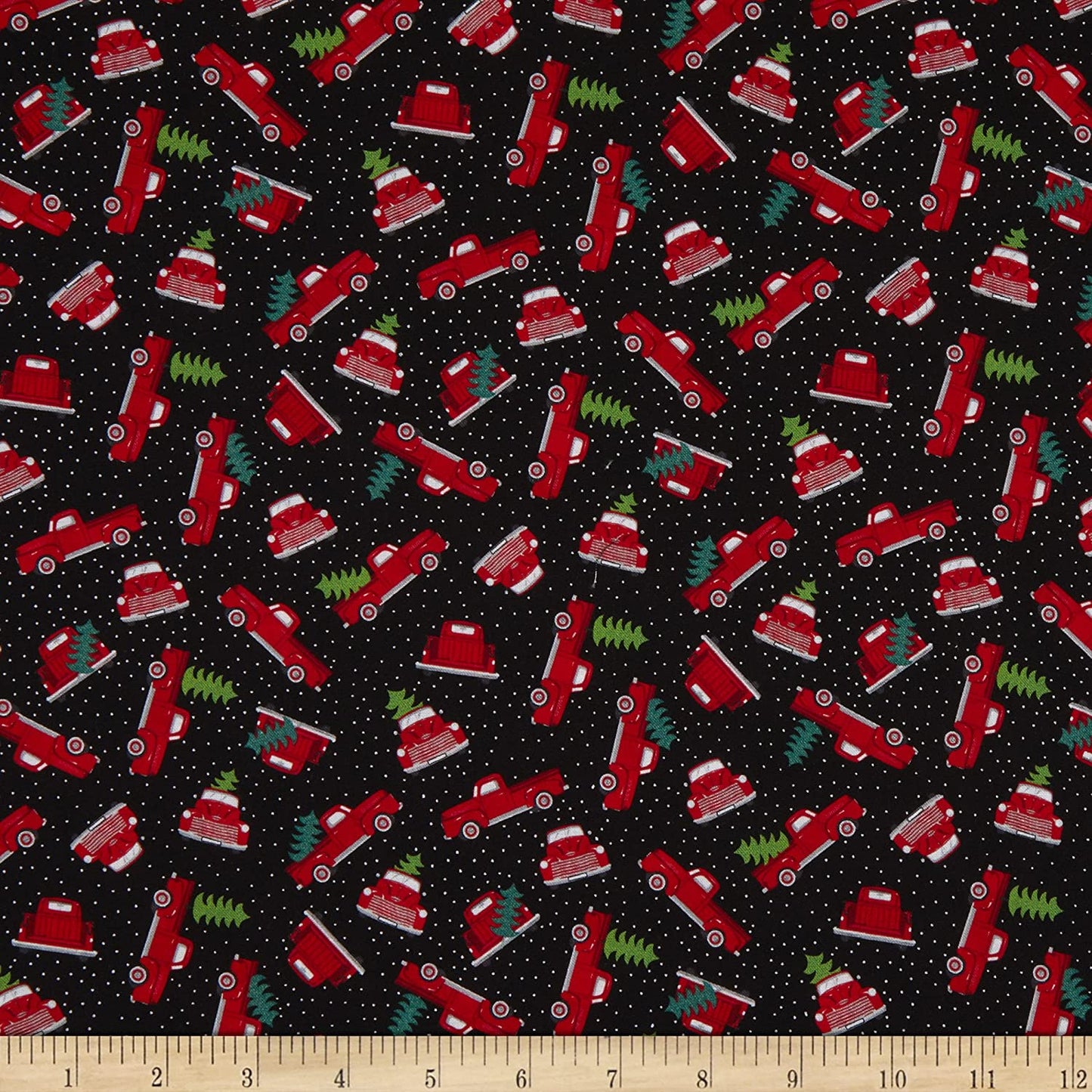 Feeling Festive Tossed Mini Red Trucks Black Gail Cadden Timeless Treasures Cotton Fabric