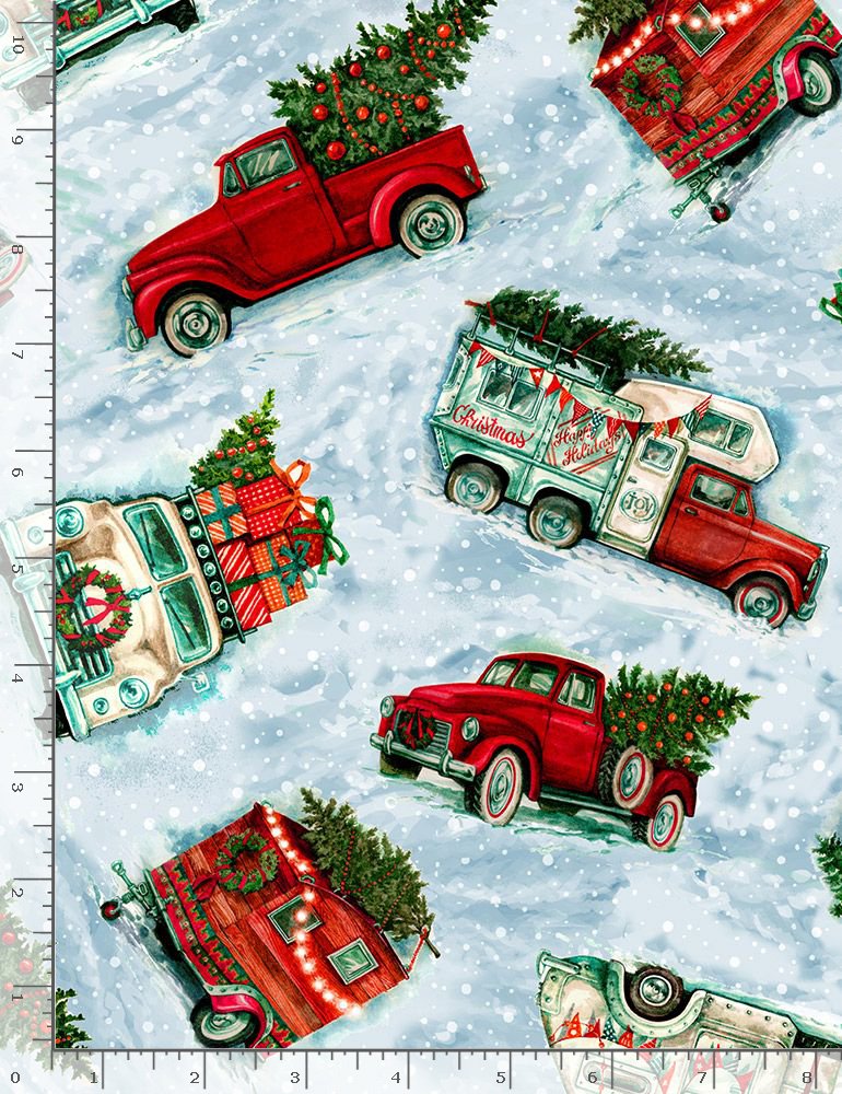 Feeling Festive Trucks Holiday Trucks Blue Timeless Treasures Cotton Fabric