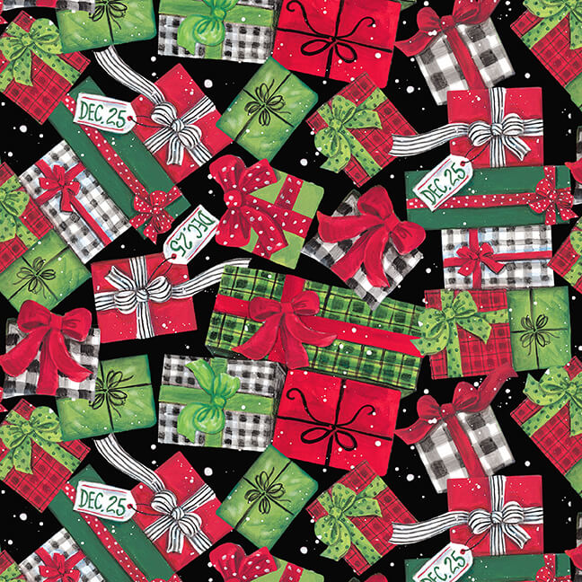 Feeling Frosty Christmas Gifts Black Diane Kater Blank Quilting Cotton Fabric