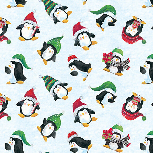 Feeling Frosty Penguins Tossed Light Blue Diane Kater Blank Quilting Cotton Fabric