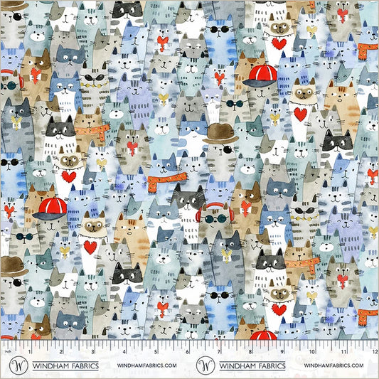 Feline Friends Cats Around Town Dusty Blue Whistler Studios Windham Cotton Fabric WF-54998-2