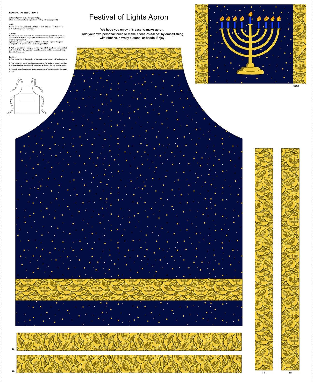 Festival of Lights Hanukkah Apron Panel 36" Athena Art Studios Henry Glass Cotton Fabric