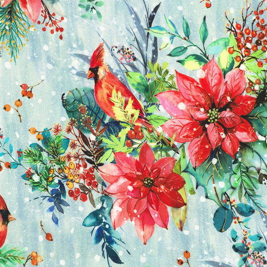 Festive Delight Bouquet Snowy Red Cardinal Bird Poinsettias Winter Blue Lauren Wan Robert Kaufman Cotton Fabric RK-AVMD-23863-277