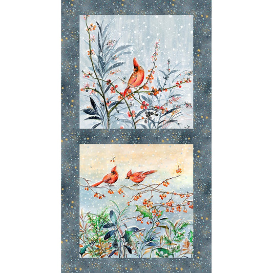 Festive Delight Snowy Red Cardinal Bird Panel 24" Winter Grey Lauren Wan Robert Kaufman Cotton Fabric RK-AVMD-23860-277