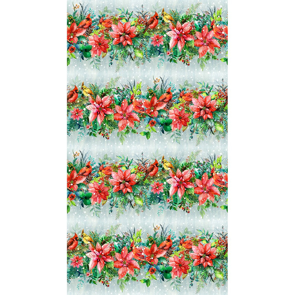 Festive Delight Stripes Snowy Red Cardinal Bird Poinsettias Winter Lauren Wan Robert Kaufman Cotton Fabric RK-AVMD-23862-277