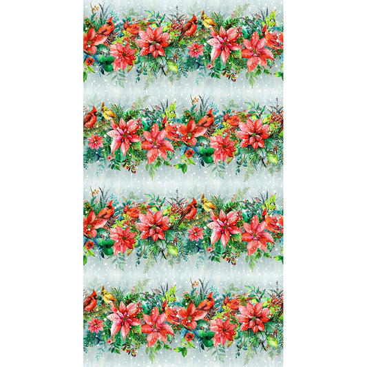 Festive Delight Stripes Snowy Red Cardinal Bird Poinsettias Winter Lauren Wan Robert Kaufman Cotton Fabric RK-AVMD-23862-277