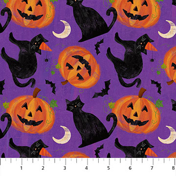 Festive Felines Pumpkin and Black Toss Purple Northcott Cotton Fabric NC 24129-86