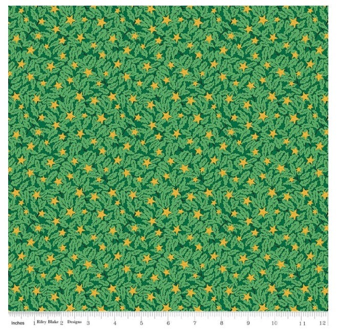 Festive Magic Holly Sparkle C Green Golden Yellow Liberty Fabrics Cotton Fabric LF-0166MT75240C