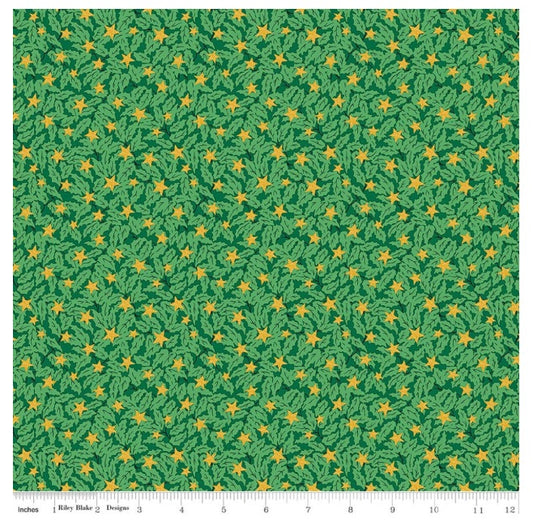 Festive Magic Holly Sparkle C Green Golden Yellow Liberty Fabrics Cotton Fabric LF-0166MT75240C
