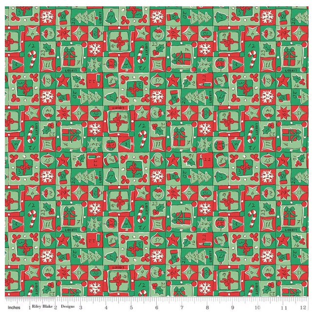 Festive Magic Jolly Countdown C Green Red White Liberty Fabrics Cotton Fabric LF-01667522C