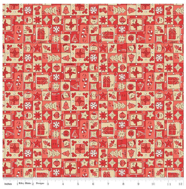 Festive Magic Jolly Countdown D Red Coral Cream Liberty Fabrics Cotton Fabric LF-01667522D