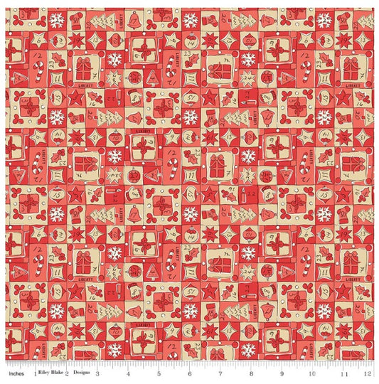 Festive Magic Jolly Countdown D Red Coral Cream Liberty Fabrics Cotton Fabric LF-01667522D