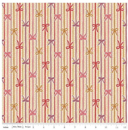 Festive Magic Ribbon Bow Stripe A Ivory Pink Red Mustard Gold Purple Liberty Fabrics Cotton Fabric LF-01667521A