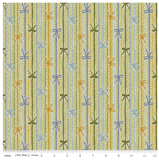 Festive Magic Ribbon Bow Stripe B Green Blue Gold Ivory Liberty Fabrics Cotton Fabric LF-01667521B