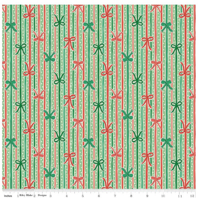 Festive Magic Ribbon Bow Stripe C Green Red Pink White Liberty Fabrics Cotton Fabric LF-01667521C