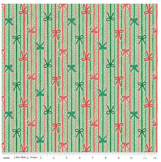 Festive Magic Ribbon Bow Stripe C Green Red Pink White Liberty Fabrics Cotton Fabric LF-01667521C