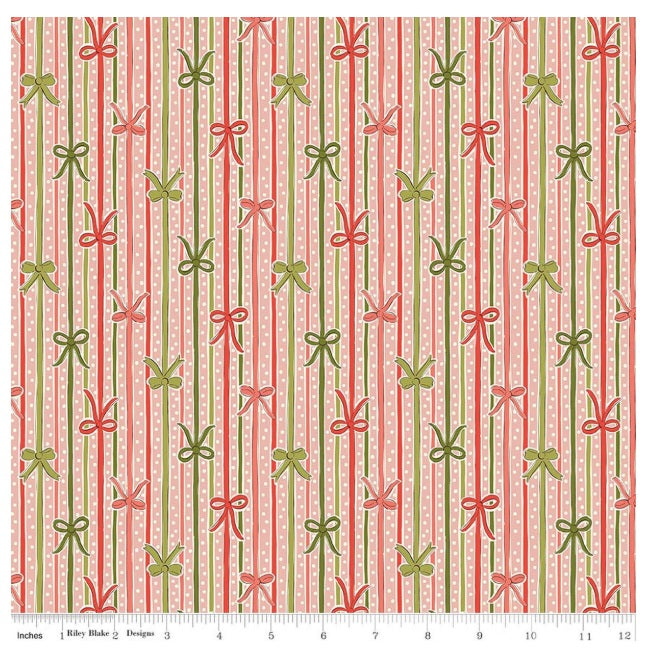 Festive Magic Ribbon Bow Stripe D Pink Red Olive Sage Green Ivory Liberty Fabrics Cotton Fabric LF-01667521D