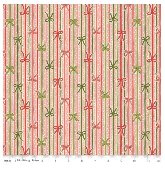 Festive Magic Ribbon Bow Stripe D Pink Red Olive Sage Green Ivory Liberty Fabrics Cotton Fabric LF-01667521D