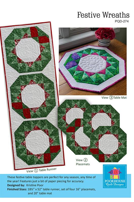 Festive Wreaths Tabletop 18.5" x 52" Kristine Poor Poorhouse Quilt Design PQD-274