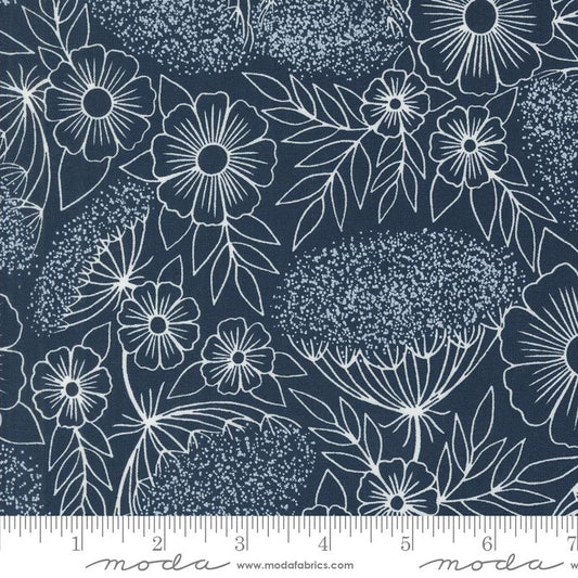 Field Of Flowers Queen Annes Lace Floral Block Print Navy Dark Blue Katharine Watson Moda Cotton Fabric