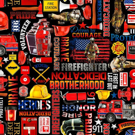 Fire Department Firefighter Equipment and Text Black Timeless Treasures Cotton fabric