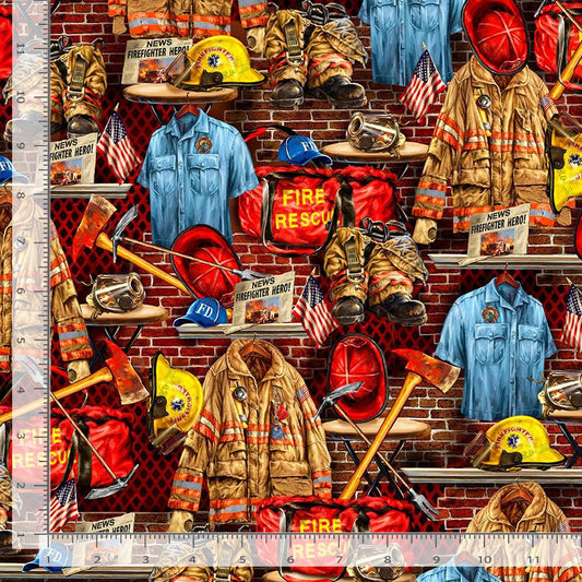 Fire Rescue Fire Fighter Equipment Multi Dona Gelsinger Timeless Treasures Cotton Fabric