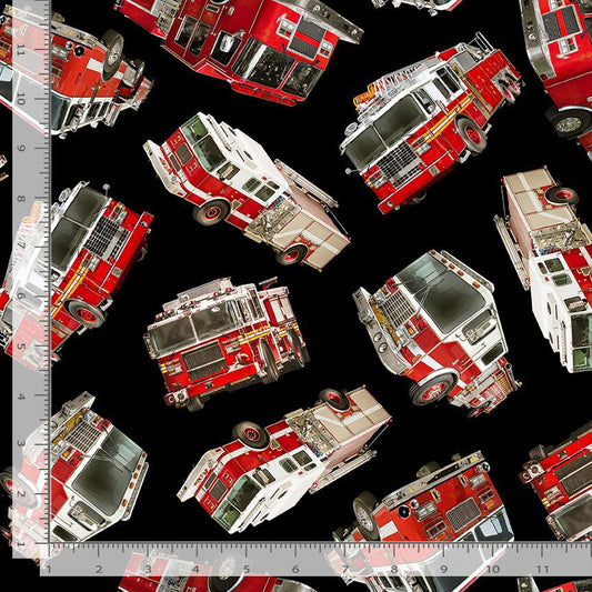 Fire and Rescue Tossed Fire Engines Trucks Black Timeless Treasures Cotton Fabric