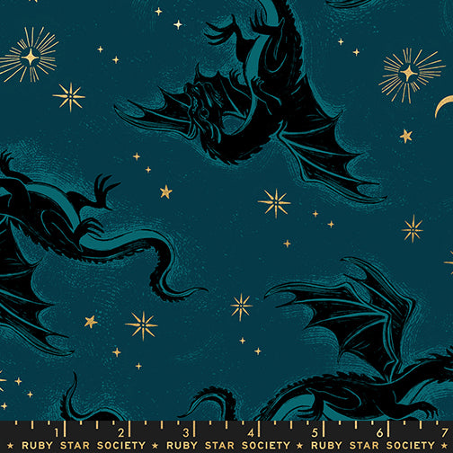 Fireglow Etched Dragons Metallic Galaxy Dark Green Blue Sarah Watts Ruby Star Society Moda Fabrics Cotton Fabric MD-RS2131-14M