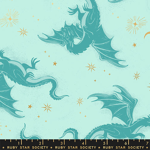 Fireglow Etched Dragons Metallic Mint Green Sarah Watts Ruby Star Society Moda Fabrics Cotton Fabric MD-RS2131-13M