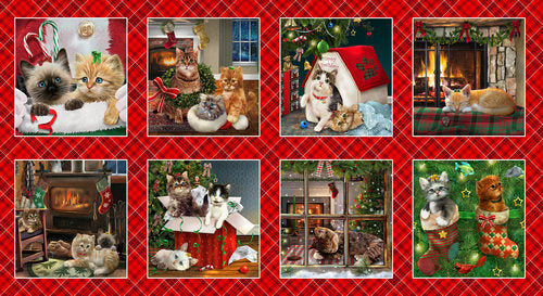 Fireside Kittens Holiday Christmas Block 24" Panel Robert Giordano Henry Glass Cotton Fabric