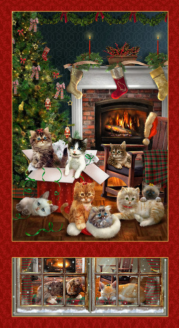 Fireside Kittens Under Christmas Tree Gifts 24" Panel Robert Giordano Henry Glass Cotton Fabric