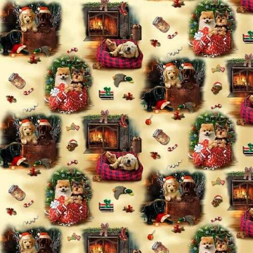 Fireside Pups Puppies Dogs Scenic Allover Cream Bob Giardano Henry Glass Cotton Fabric HG-7193-44