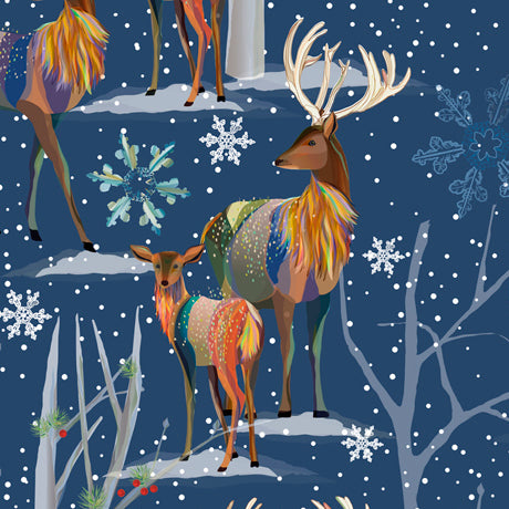 First Frost Deer Deer Scenic Allover Navy Blue Quilting Treasures Cotton Fabric