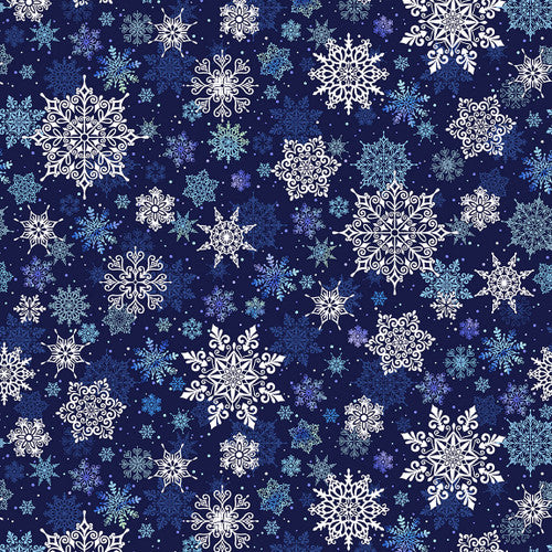 First Frost Snowflakes Tossed Navy 108" Wide Backing Studio E Cotton Fabric