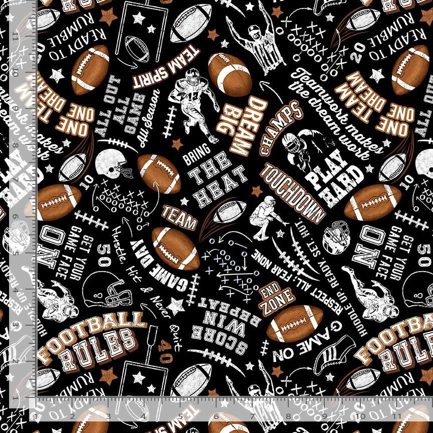 Fitness Fanatic Football Rules Black Gail Cadden Timeless Treasures Cotton Fabric TT-GAIL-CD3717-BLACK