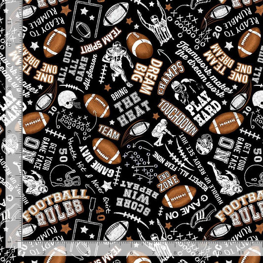 Fitness Fanatic Football Rules Black Gail Cadden Timeless Treasures Cotton Fabric TT-GAIL-CD3717-BLACK