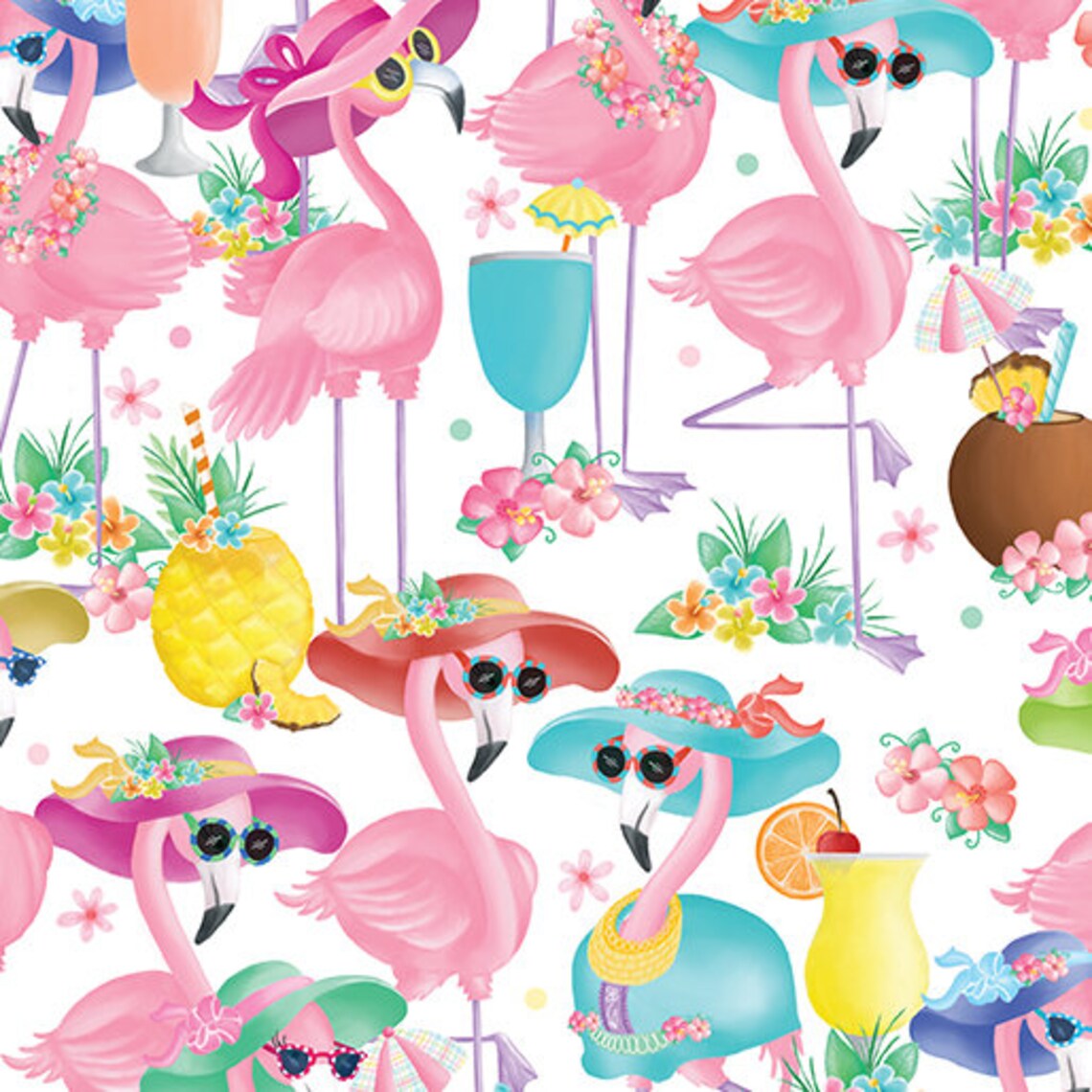 Flamingal Pals Flamingals Fun Floral Tropical White Andi Metz Benartex Cotton Fabric