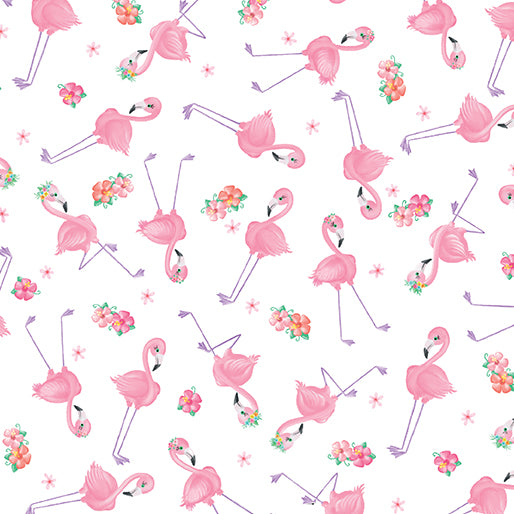 Flamingal Pals Mini Tossed Flamingals and Flowers White Andi Metz Benartex Cotton Fabric