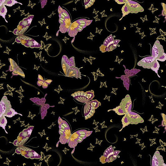 Fleur Majestic Amethyst Butterflies Black Metallic Chong-A Hwang Timeless Treasures Cotton Fabric